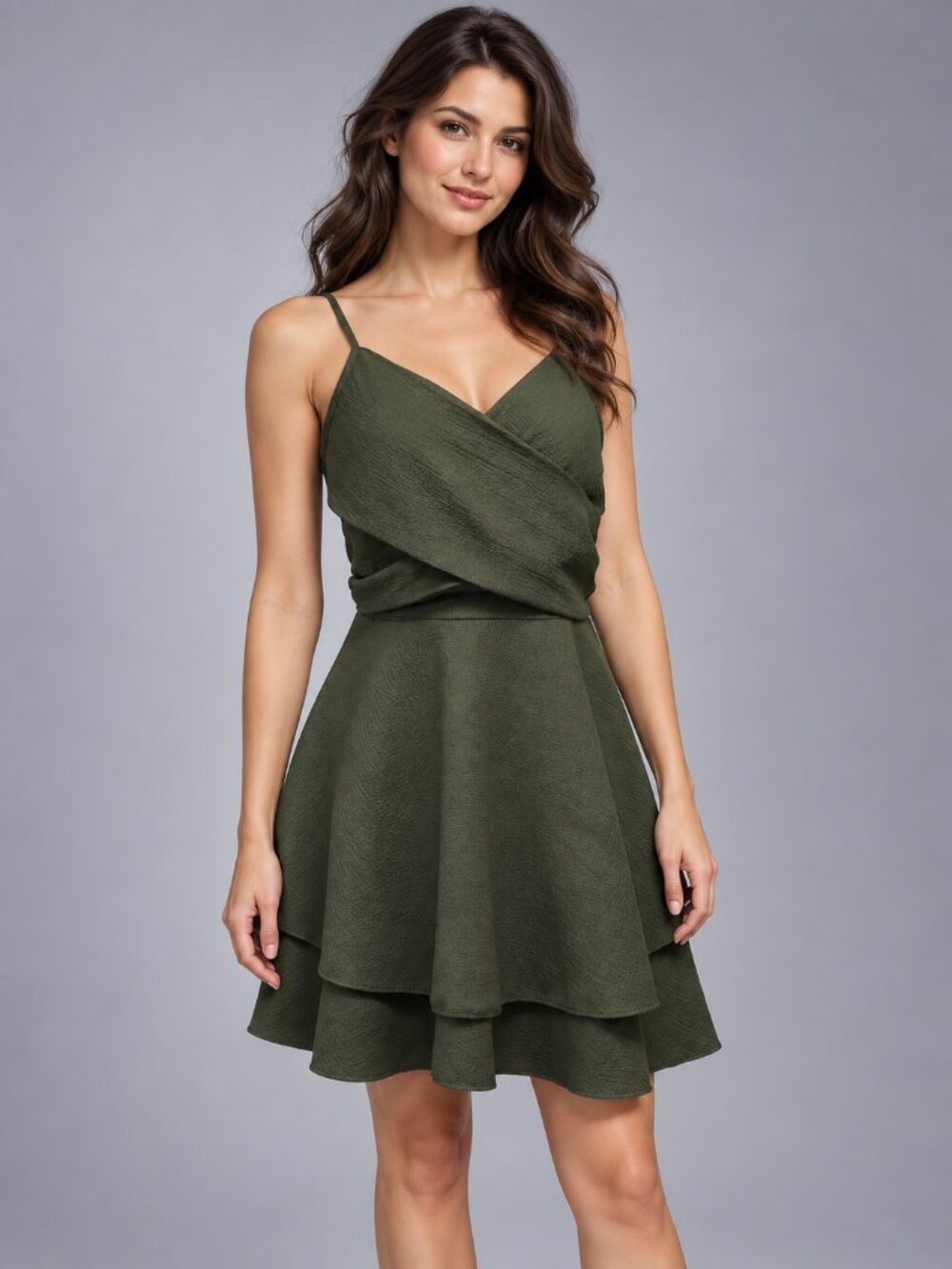 SHEIN L Olive Green Spaghetti Strap Wrap Tiered Mini Fall Dress Partywear